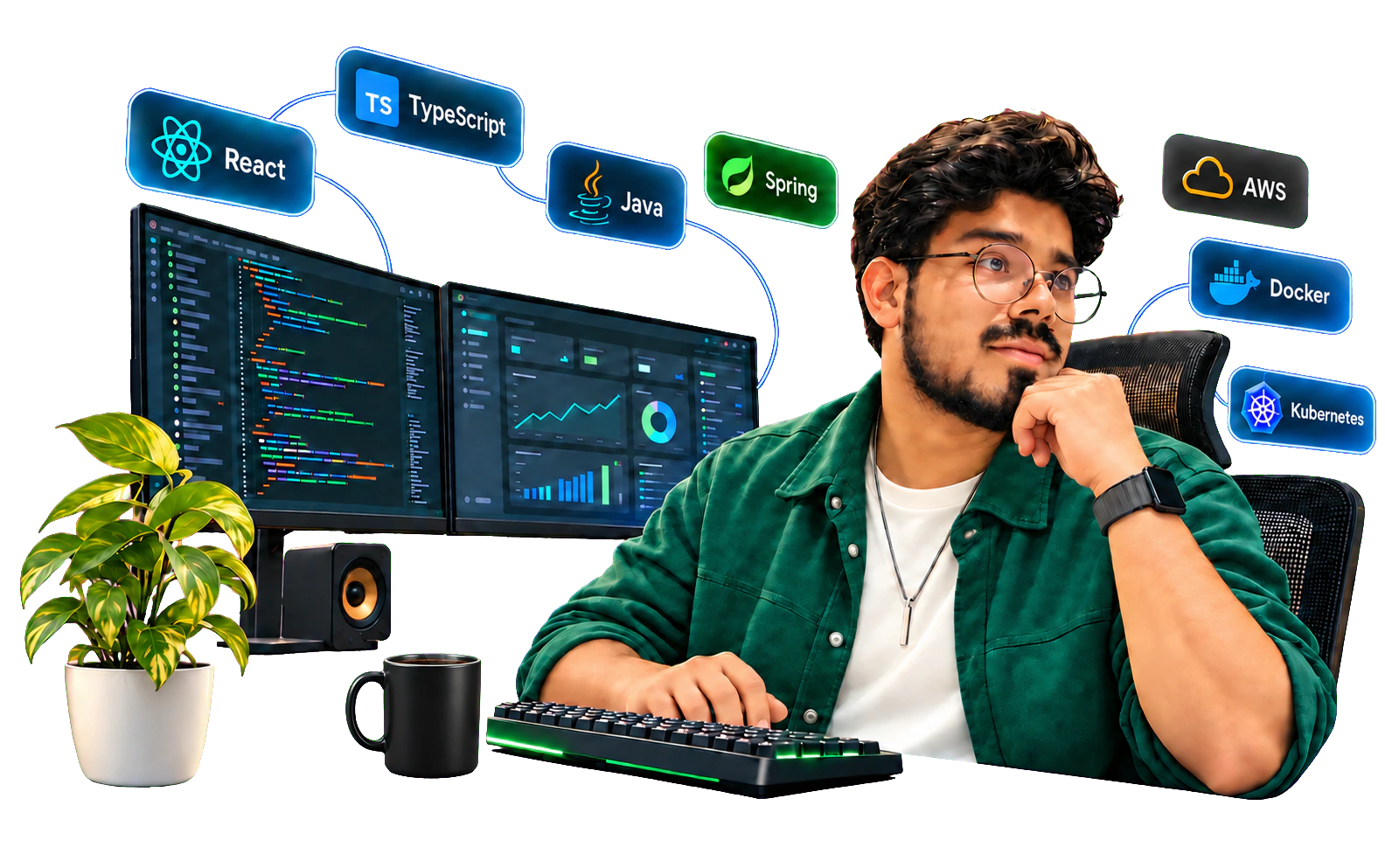 Mohit Kumar with a dual-monitor engineering setup surrounded by his technology stack